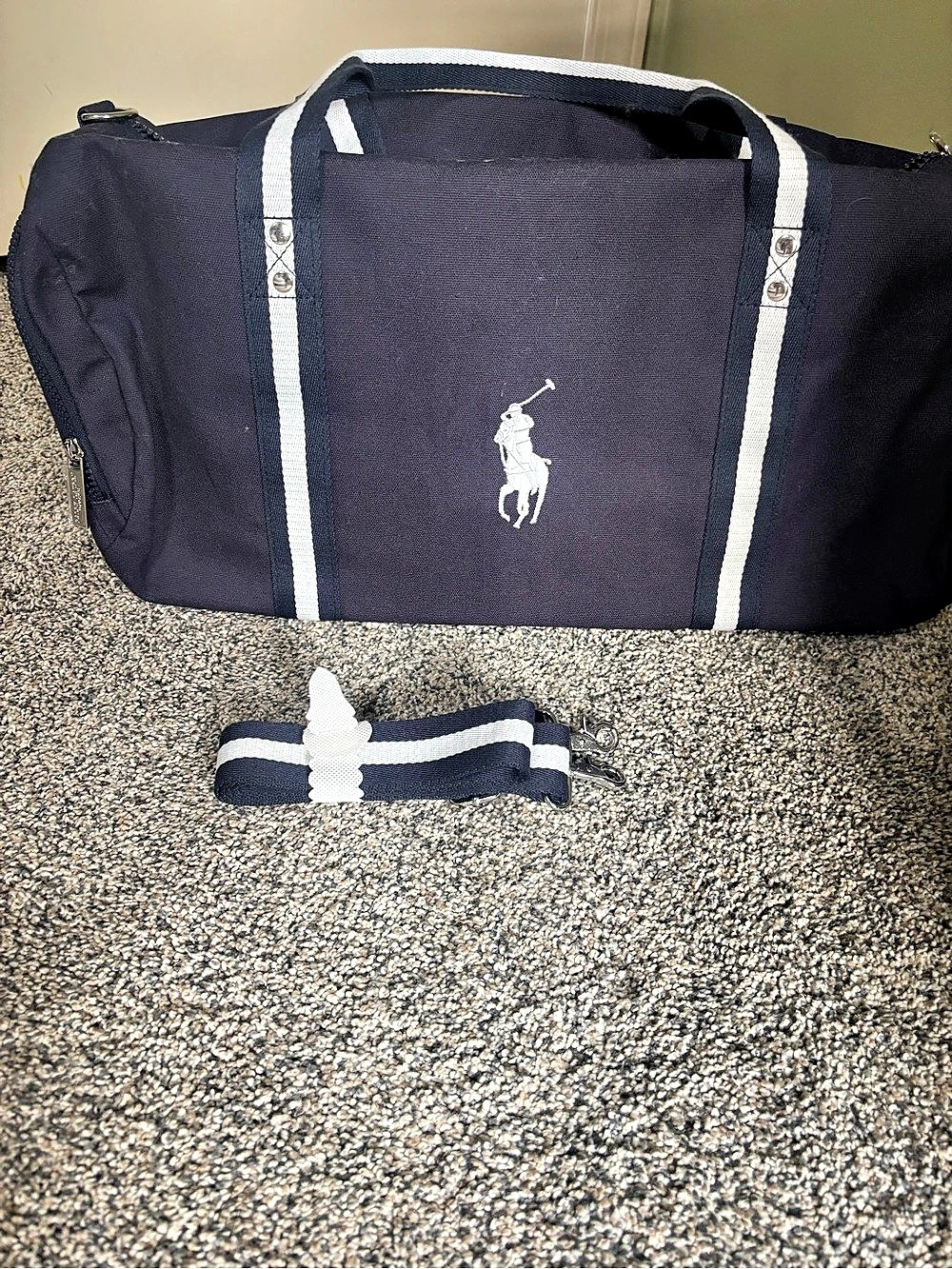 NWOT Polo Ralph Lauren Canvas Big Pony Duffel Bag Blue & White - Picture 2 of 4